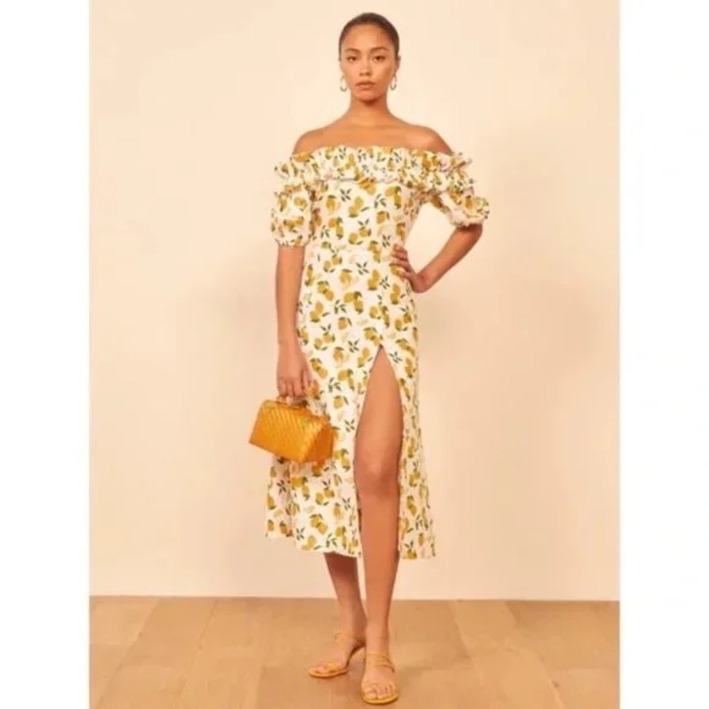 Reformation Lemon Print Off-Shoulder Dress